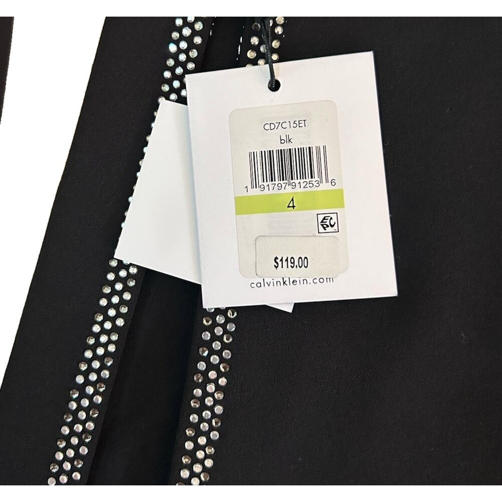 NWT Calvin Klein Black Dress Knee Length Size 4 Slit Sleeves Rhinestones Classy - Picture 5 of 7